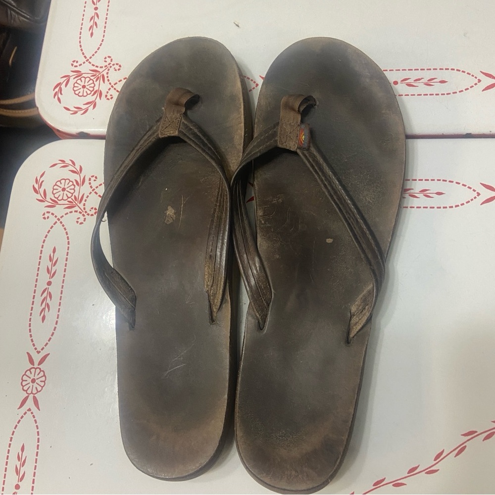 Rainbow Brown Leather Flip Flops